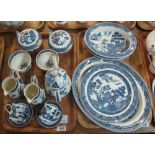 Two trays of Wedgwood willow pattern teaware and other items, coffee cans and saucers, jugs,