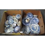 Two boxes of blue and white china, various to include; dinner and cabinet plates, teaware, teapots,