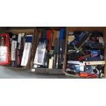 Three boxes of mainly playworn diecast model vehicles: lorries,