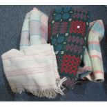 Box of vintage woollen blankets to include; a green ground geometric design Welsh tapestry blanket,