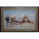 E. Shakeshaft (British 20th century), sunbathing female nude, watercolours. 31 x 50 cm approx.
