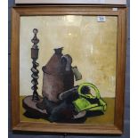 British school (20th century) still life study, oils on board. 55 x 50 cm approx. Framed and glazed.