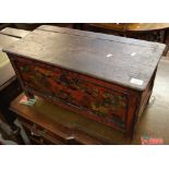Unusual oriental polychrome design pine box seat with pull out side drawer on square legs. (B.P.
