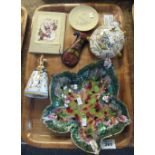 Tray of assorted items to include; French faience flask and bell,