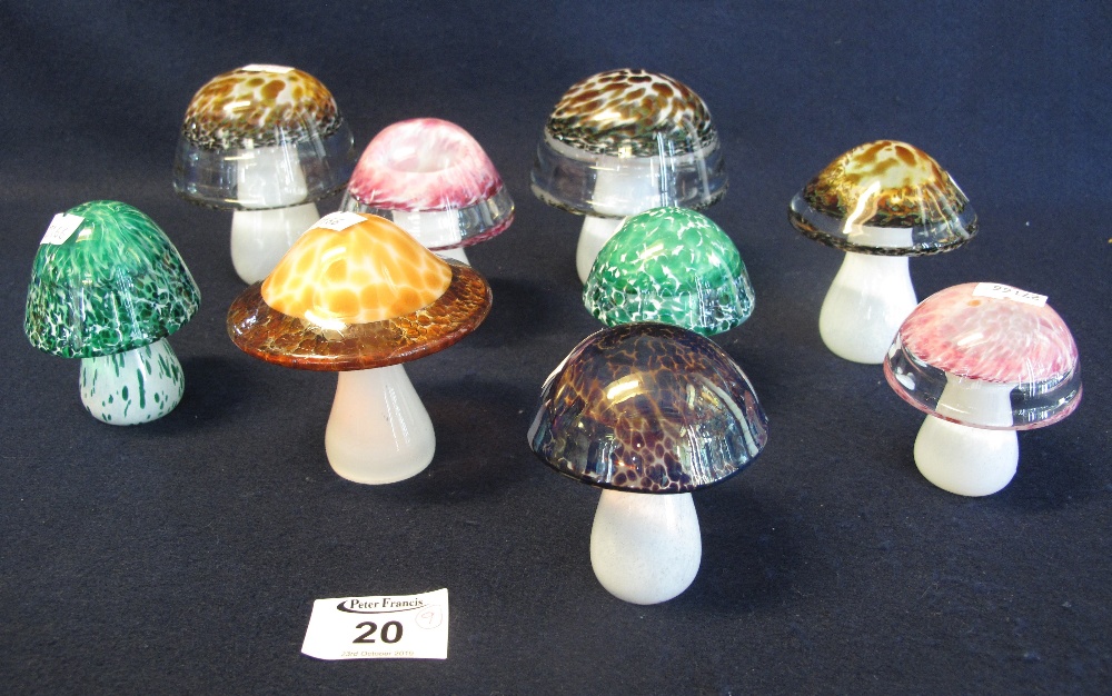 Set of nine art glass mushrooms, various to include; Avondale & Langham. (9) (B.P. 24% incl.