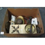 Box of vintage and other weighing scales with pans and weights etc. (B.P. 24% incl.