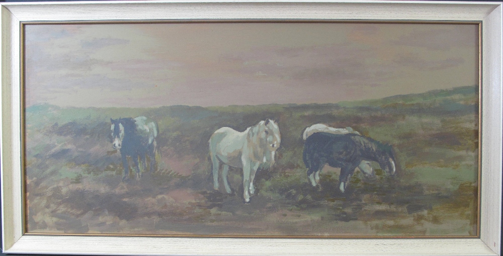 ANEURIN M JONES (Welsh 1930-2017), Welsh mountain ponies in a moorland landscape,