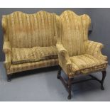 QUEEN ANNE STYLE UPHOLSTERED TWO SEATER WING SOFA with scroll over arms and loose cushion on