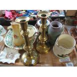 Tray of assorted items to include; pair of brass candlesticks, pottery Torquay ware items,