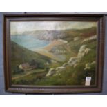 Walter W Goddard, coastal scene with rocky outcrop and cottages, oil on canvas, signed and framed.