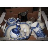 Box of mainly blue and white assorted china to include; Burleigh ware willow pattern tankard,