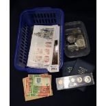 Plastic box of assorted GB and other coins,