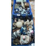 Two trays of assorted mainly china, to include; animal figurines, miniature teaware,