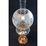 Early 20th Century double oil burner having globular etched foliate shade, clear glass reservoir,