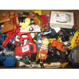 Box of assorted modern diecast vehicles, playworn condition, wooden vehicles, vintage cars etc. (B.