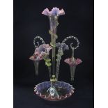 Victorian vaseline cranberry glass five section epergne with hanging frilled baskets. (B.P.