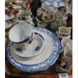 Tray of assorted china to include; 19th Century Gaudy Welsh jugs, blue and white plates,