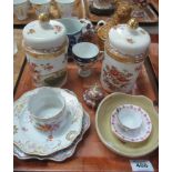 Tray of china to include; pair of Crown Devon Fieldings feather bath salts jar and covers,