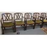 Set of ten 19th Century oak open armchairs having diamond shaped backs with drop-in seats on square