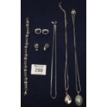 A collection of silver and costume jewellery including a Renee Macintosh bracelet and a green