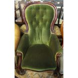 Victorian mahogany framed upholstered button back fireside armchair. (B.P. 24% incl.