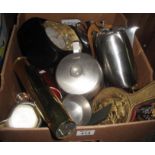 Box of assorted items mostly metalware to include; Picquot ware coffee pot and milk jug,