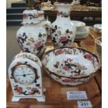 Tray of Masons Mandalay ironstone design items to include; pedestal bowl, mantel clock,