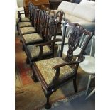 Set of six mahogany Chippendale style dining chairs having floral and foliate stuff over seats with