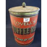 Advertising - vintage tin toffee box and cover 'Lovell's toffee recs, the king of toffees'. (B.P.