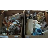 Two boxes of assorted china and glassware to include: commemorative mugs,