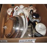Box of assorted china and metalware to include; floral teaware, fruit design plates and bowl,