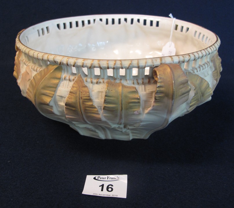 Royal Worcester blush ivory bowl with relief moulded leaf decoration and gilded highlights,