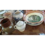 Tray of china to include; a two tone stoneware jug marked Cadbury,