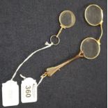 Pair of yellow metal and tortoiseshell folding lorgnette, together with a small,