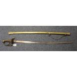 19th Century Infantry officer's sword, having shagreer grip, brass pierced hilt, brass scabbard. (B.