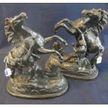Pair of early 20th Century spelter Marly horses and figures on naturalistic base. (2) (B.P.