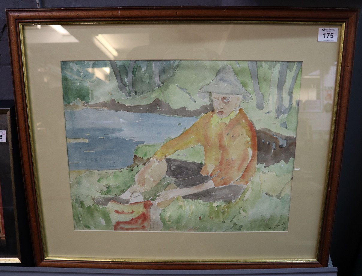 Vera Bassett (Welsh, Pontarddulais, 1912-1997), figure sitting on a river bank, signed,