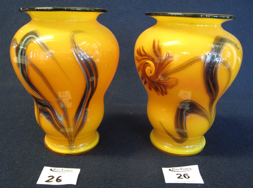 Pair of orange ground Art Glass, wave design vases, unmarked. (2) (B.P. 24% incl.