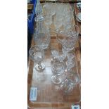 Two trays of assorted glassware to include; cut glass decanter with plated brandy label,