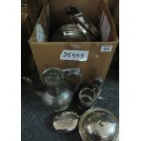 Box of assorted metalware to include; white metal serving dishes and trays, engraved flask,