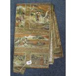 Bolt of waxed one sided fabric with a gold ground and various figures and classical scenes depicted.