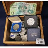 Oak box containing assorted coinage: Churchill coins; Festival of Britain; plated crowns etc. (B.P.