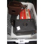 Box of vintage cameras to include; a Kodak no 2A Cartridge Hawkeye Model B Brownie camera,