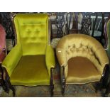 Edwardian upholstered button back upholstered fireside armchair,