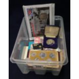 Plastic box of assorted ephemera to include: 2002 Commonwealth Games souvenir coin set;,