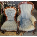 Victorian walnut show frame fireside chair,