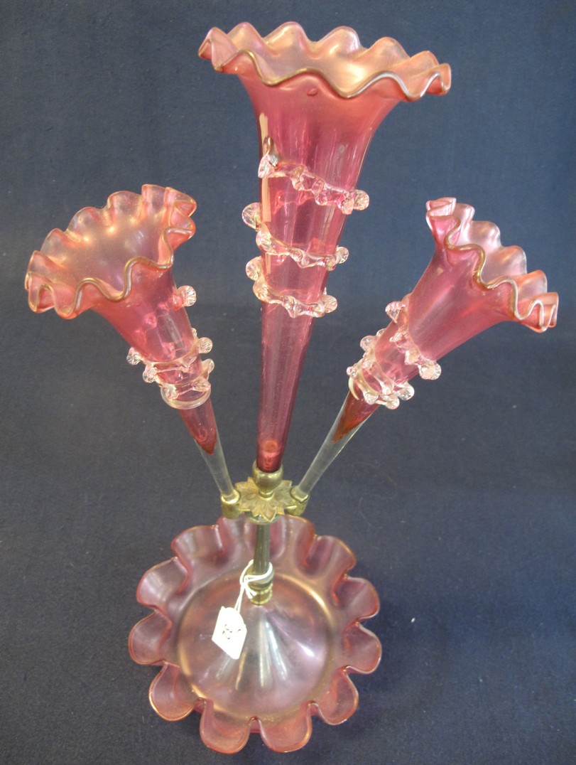 Victorian cranberry glass three fluted table centre epergne (B.P. 24% incl.