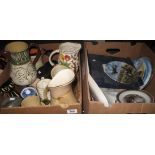 Two boxes of various china to include; jugs, teapots, Portmeirion milk jug,