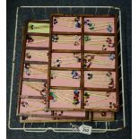 Collection of vintage bone lace bobbins with coloured bead decoration, all in fitted trays. (B.P.