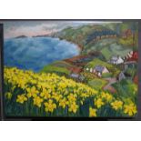 Hazel Morris (Contemporary Welsh), Welsh coastal scene with cottages and daffodils, signed,